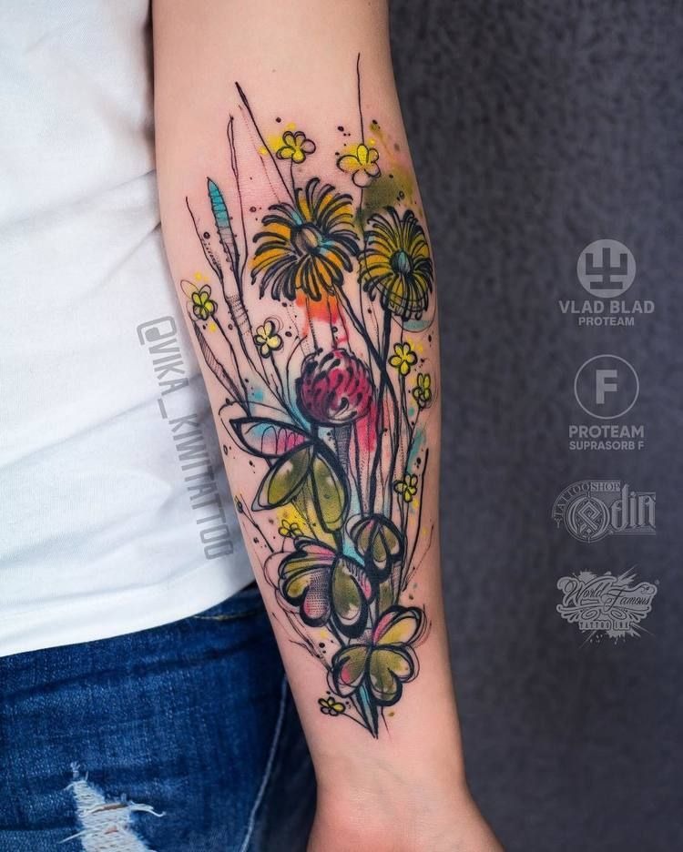 Watercolor Wildflower Bouquet With Sketchy Energy, a tattoo design rendered in bold.