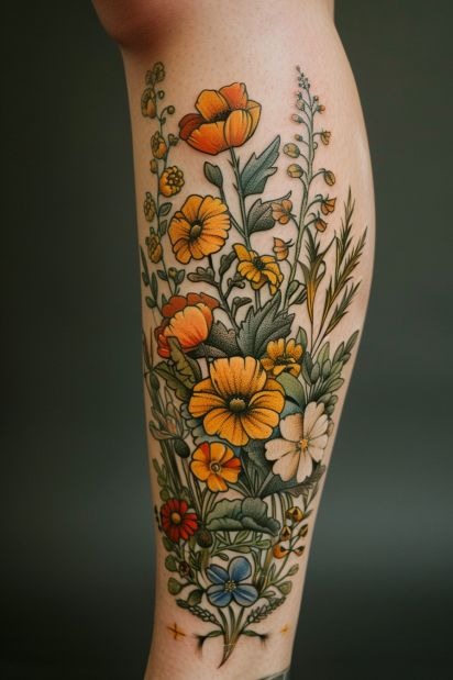 Wildflower Garden Sleeve-Style for the Free Spirits, a tattoo design rendered in clean detailed linework for the back.