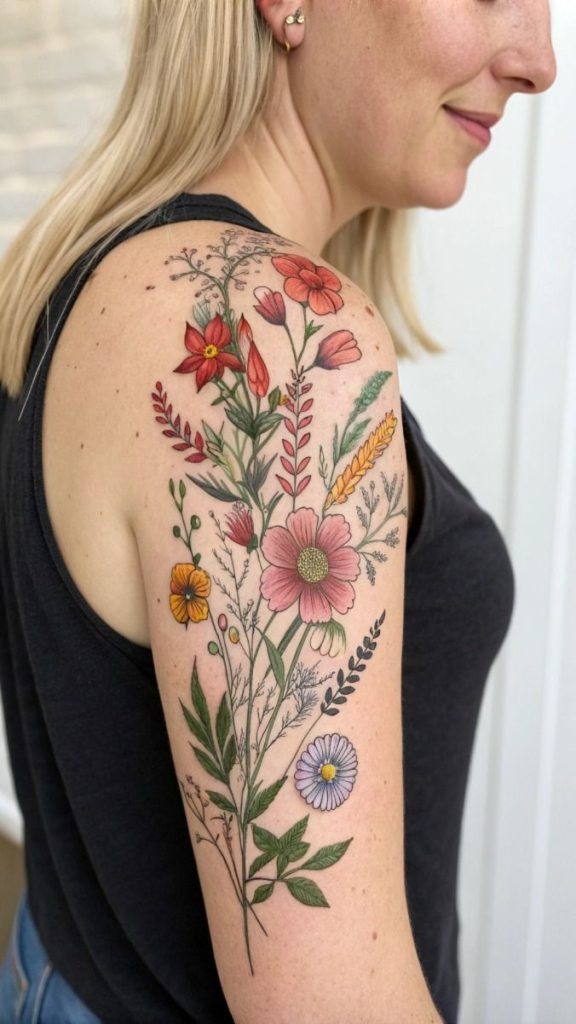 Wildflower Shoulder Spray That Feels Like a Wearable Garden, a tattoo design rendered in clean detailed linework.