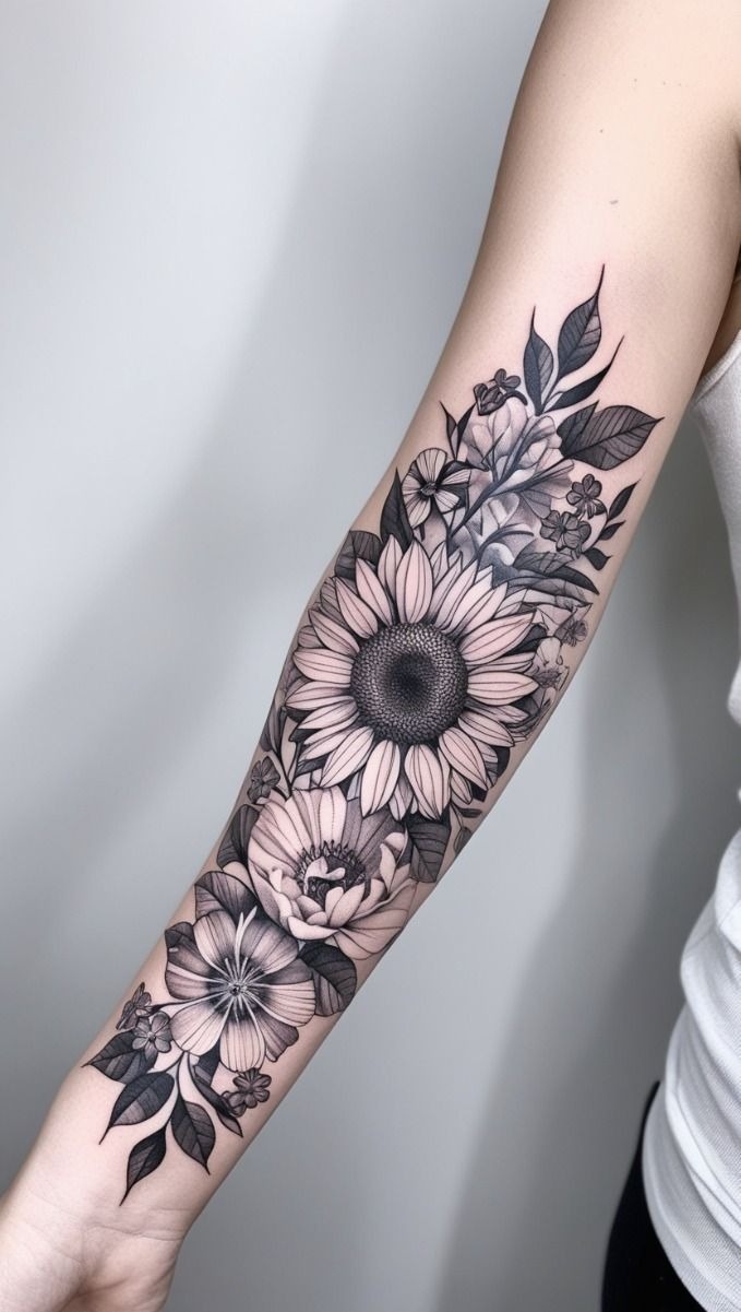 Black and White Botanical Shoulder Sleeve Tattoo Design