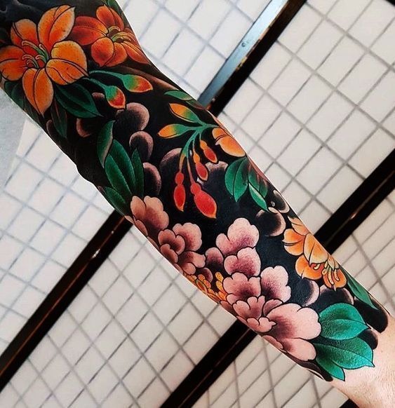 Dainty Flowing Floral Line Sleeve Tattoo Design