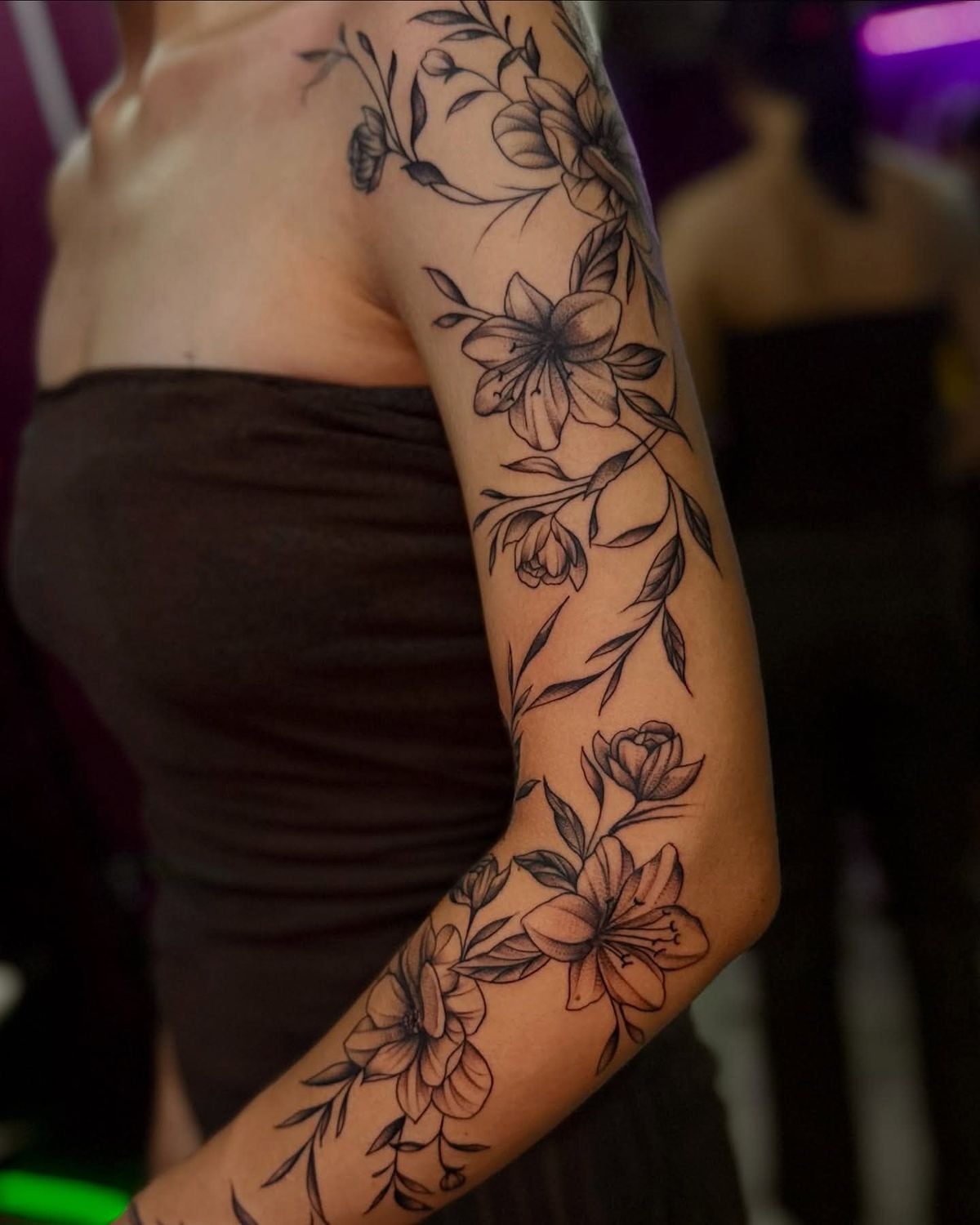 Dark Peony Full Sleeve Drama Tattoo Design