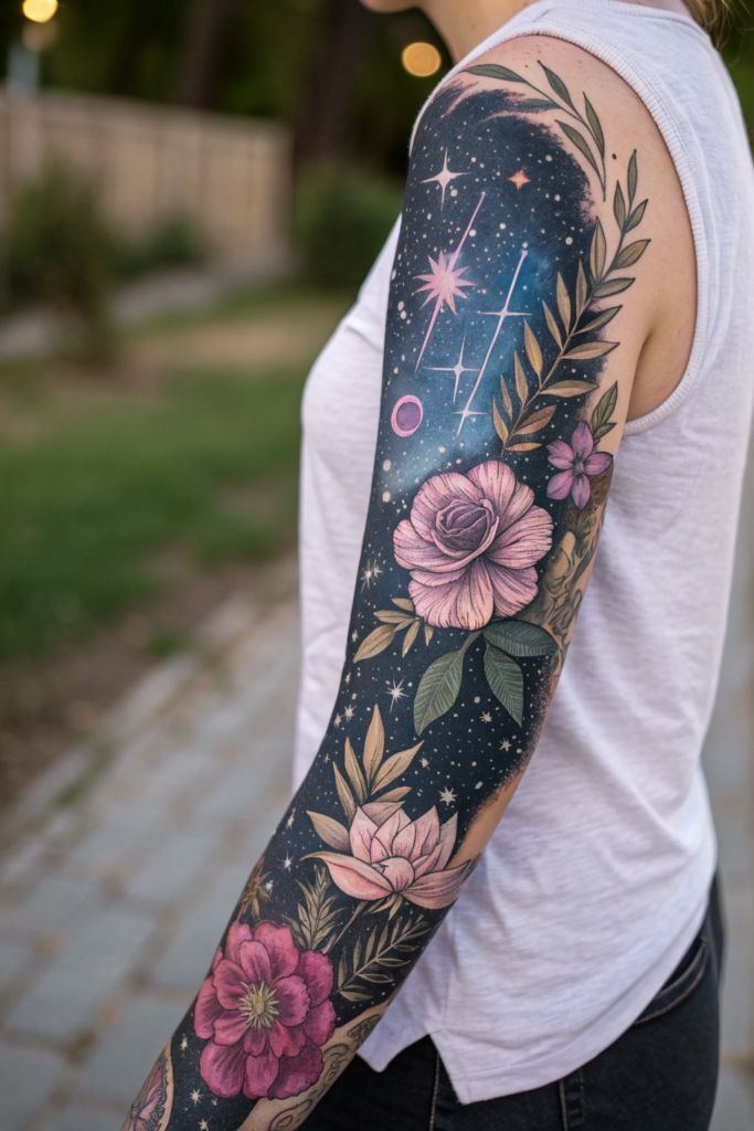 Fine Line Peony Shoulder Sleeve Tattoo Design