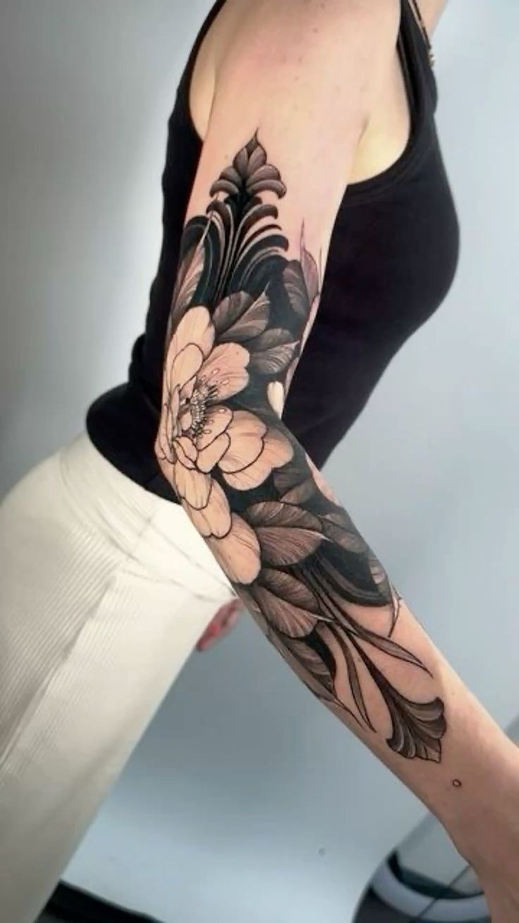 Floral Shoulder-to-Sleeve Statement Mix Tattoo Design