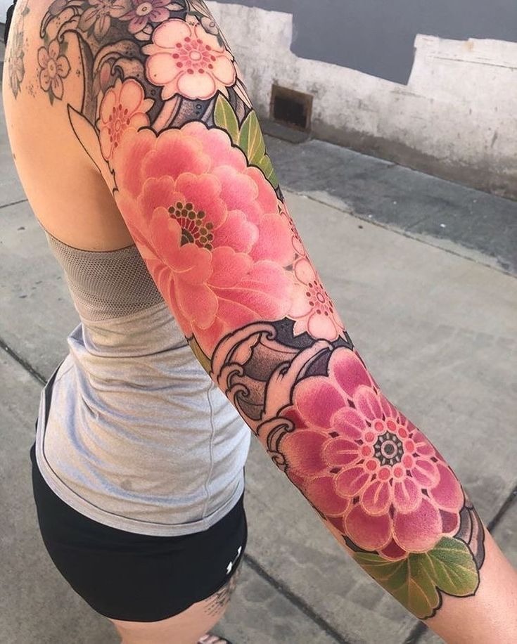 Japanese Peony Color Statement Sleeve Tattoo Design