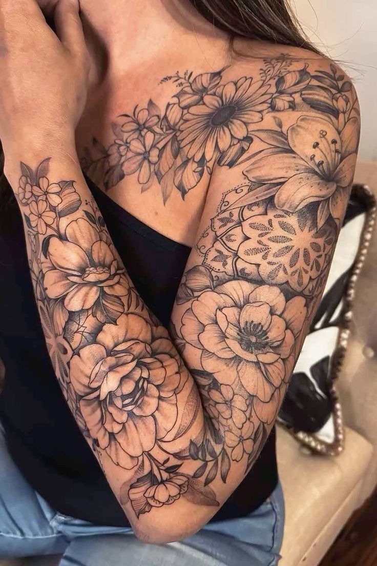 Soft Botanical Fine Line Sleeve Tattoo Design