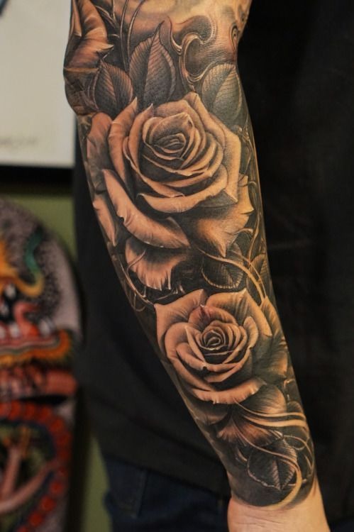 Traditional Black Floral Sleeve Tattoo Design