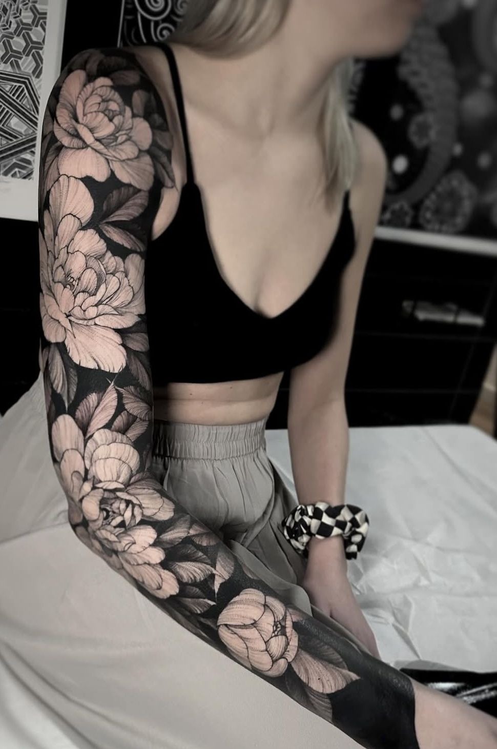 Wild Black and White Garden Sleeve Tattoo Design