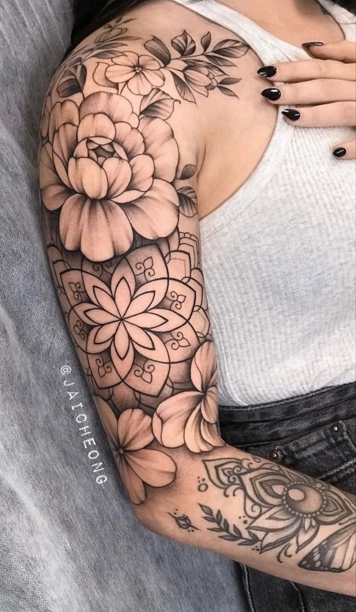 Wild Floral Shoulder Spill Sleeve Tattoo Design