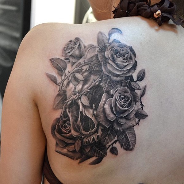 Four Black Roses and A Skull Flower Tattoos Tattoo Design