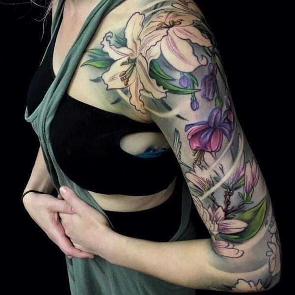 Half Sleeve Flowers and Wind Flower Tattoo Tattoo Design