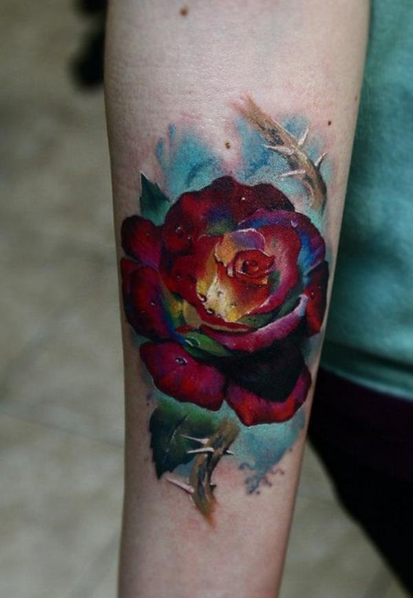 Rose on Blue with Thorn Detail Flower Tattoos Tattoo Design