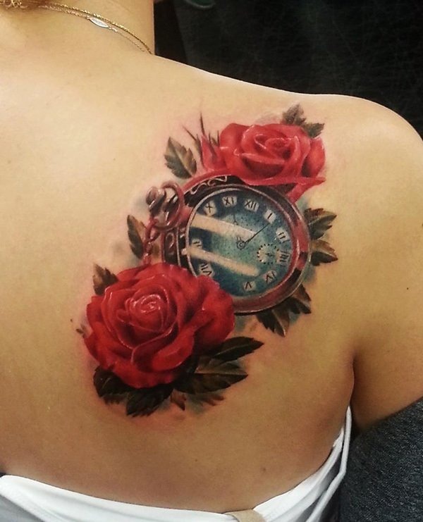 Timepiece & Two Roses Flower Tattoo Tattoo Design