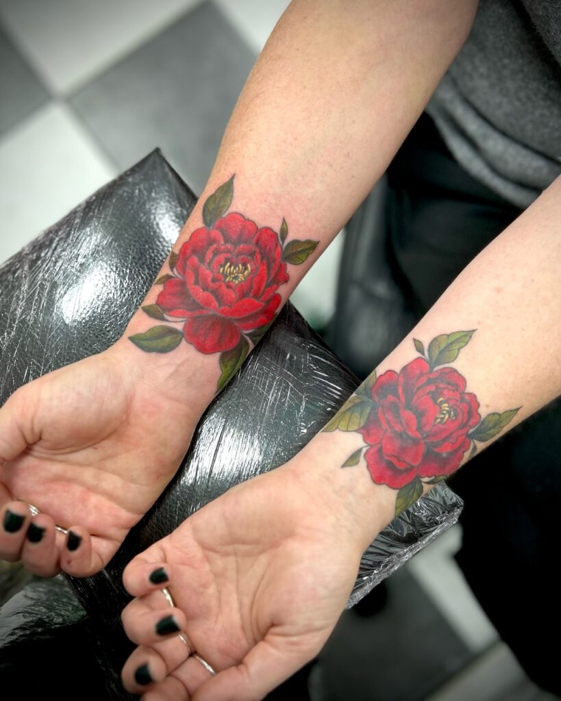 Bold Red Peony Wrist Tattoos Tattoo Design