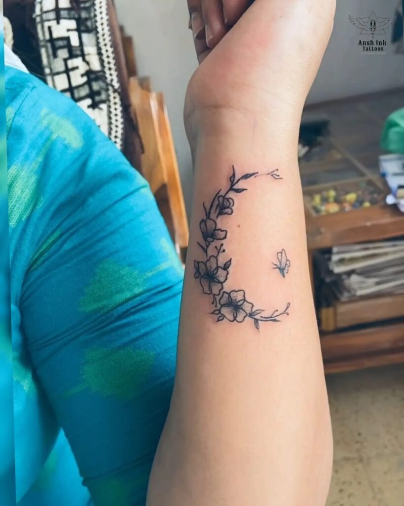 Floral Crescent Moon Tattoo with Butterfly Tattoo Design