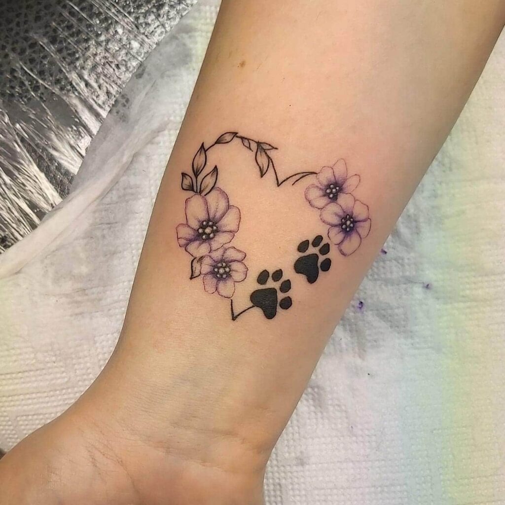 Floral Heart with Paw Prints Tattoo Tattoo Design