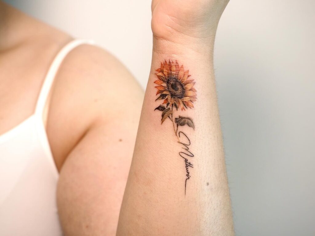 Sunflower with Name Script Tattoo Tattoo Design