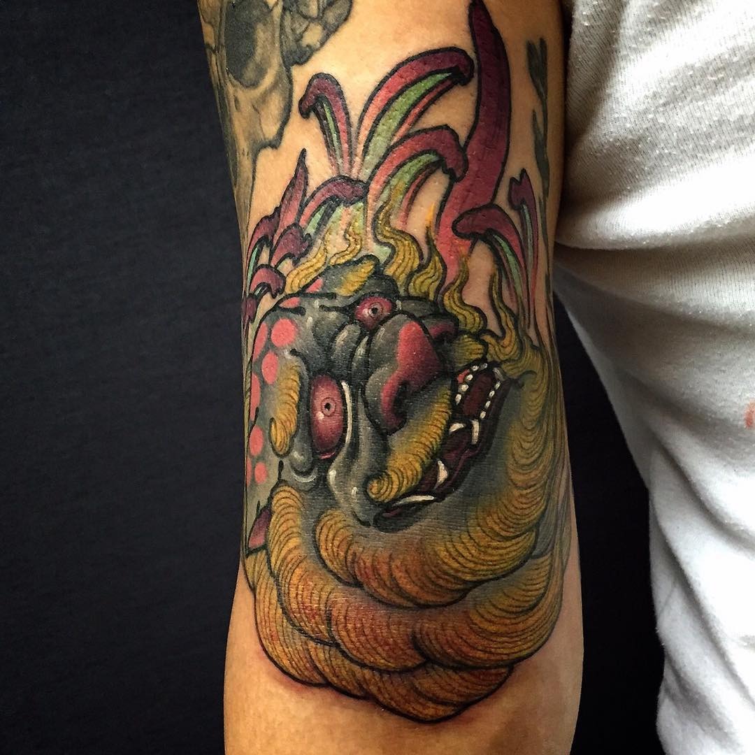 Colorful Foo Dog Head Tattoo Tattoo Design
