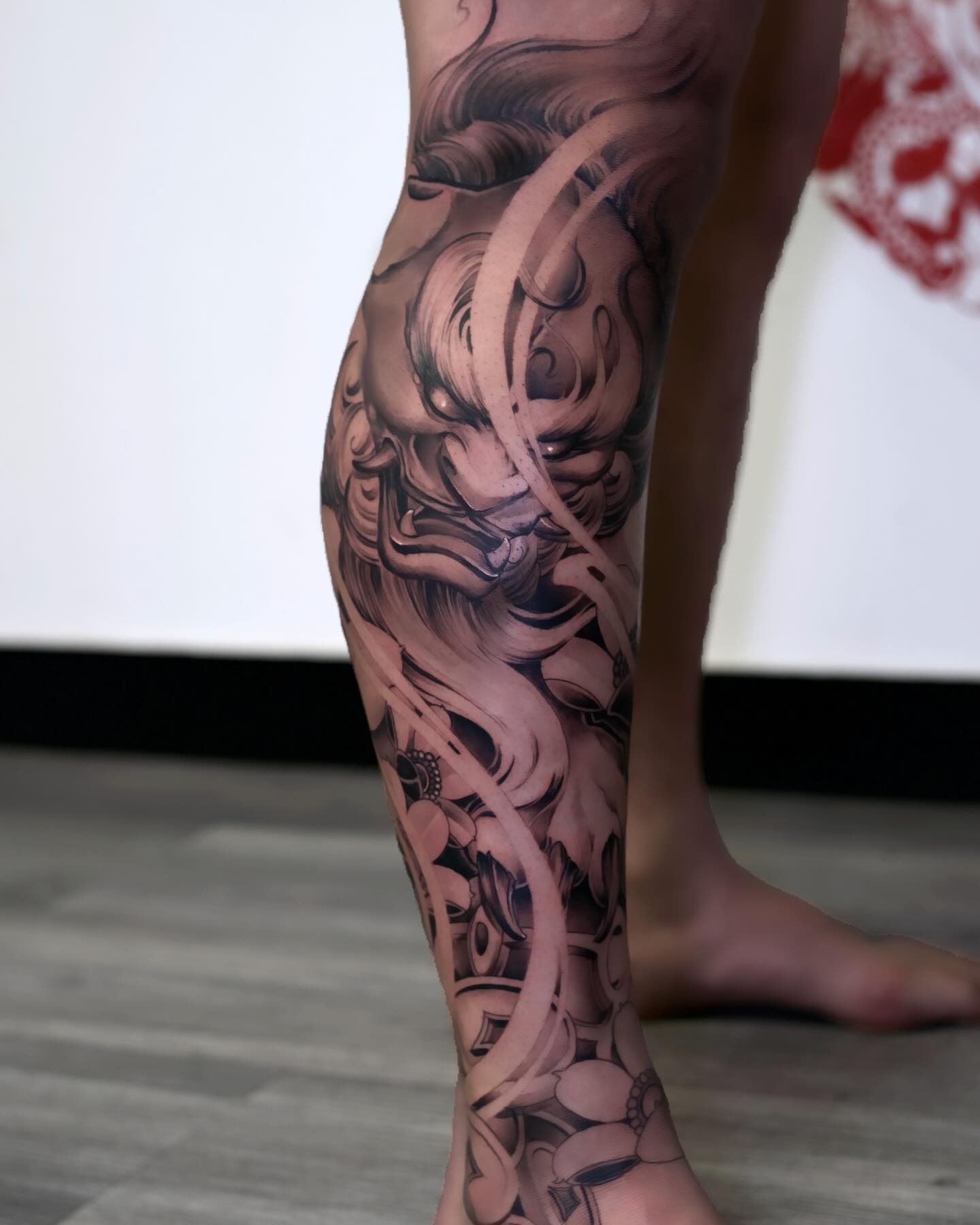 Flowing Foo Dog Leg Sleeve Tattoo Tattoo Design