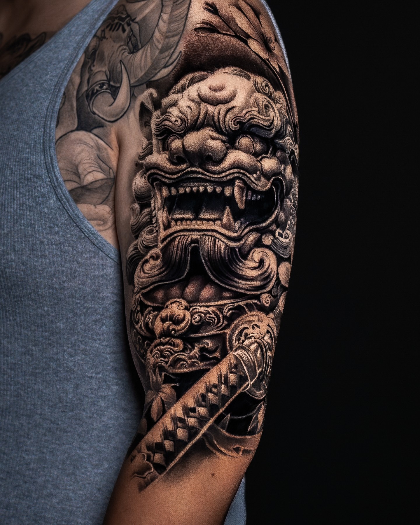 Foo Dog and Katana Sleeve Tattoo Tattoo Design