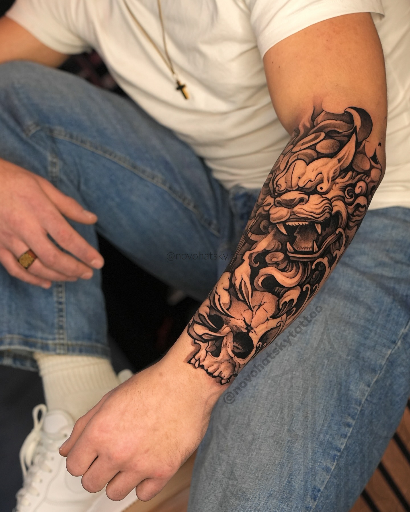 Foo Dog and Skull Forearm Tattoo Tattoo Design