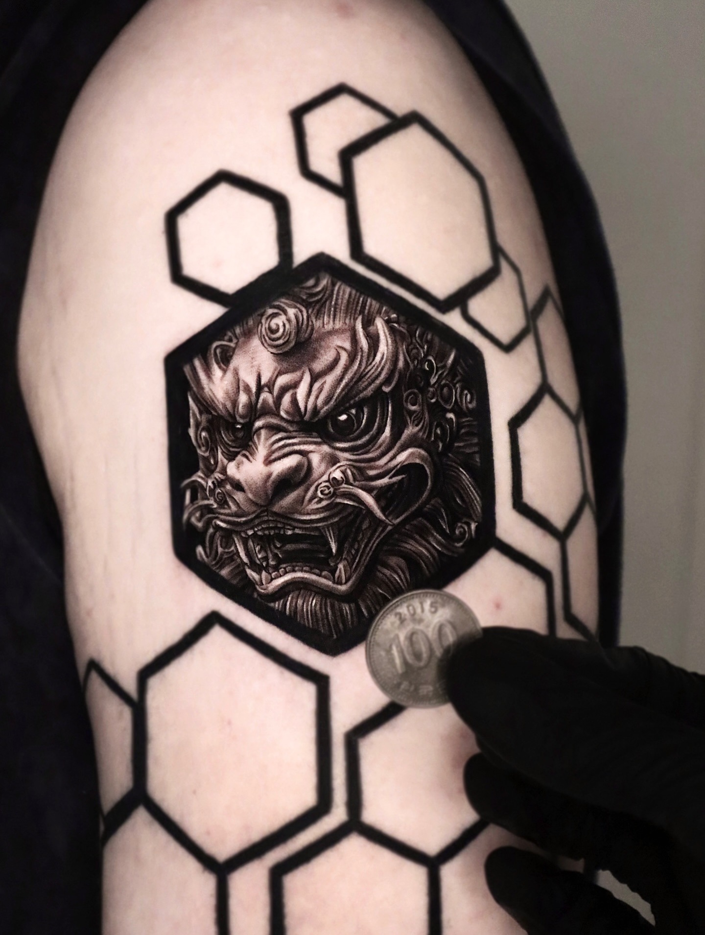 Geometric Hexagon Foo Dog Tattoo Tattoo Design