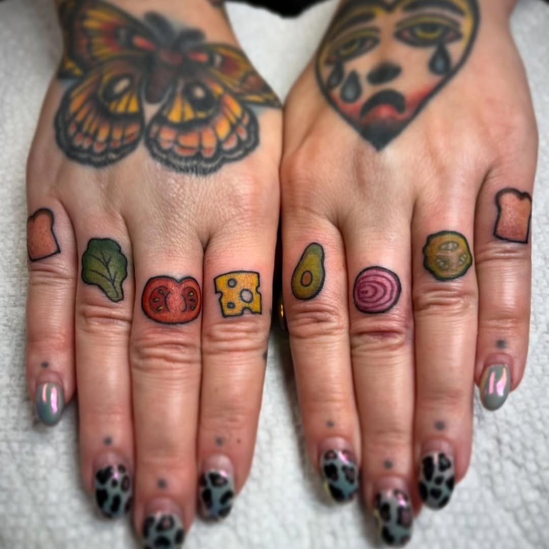 Colorful Food Tattoos on Hands Celebrate Culinary Arts Tattoo Design