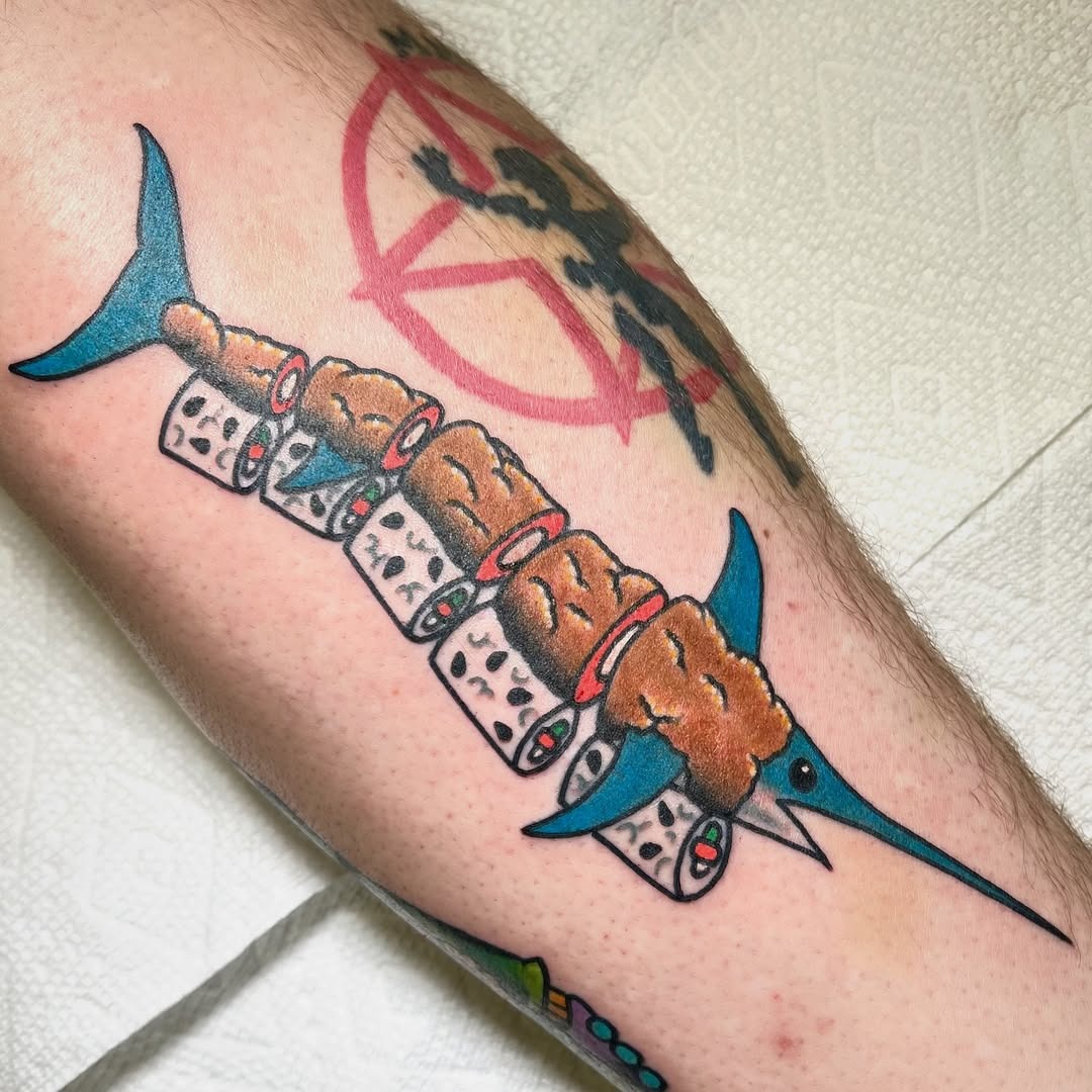 Creative sushi-inspired tattoo with vibrant colors Tattoo Design