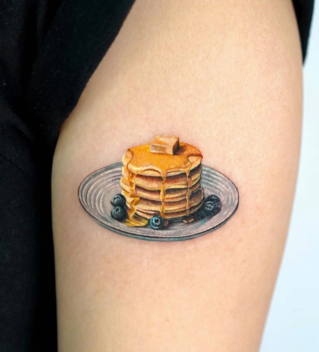 Delicious pancake tattoo with blueberry accents Tattoo Design