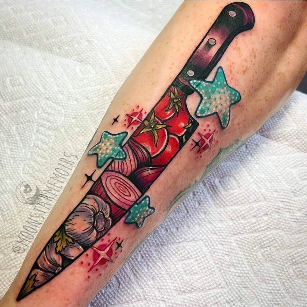 Vibrant knife tattoo infused with culinary inspiration Tattoo Design