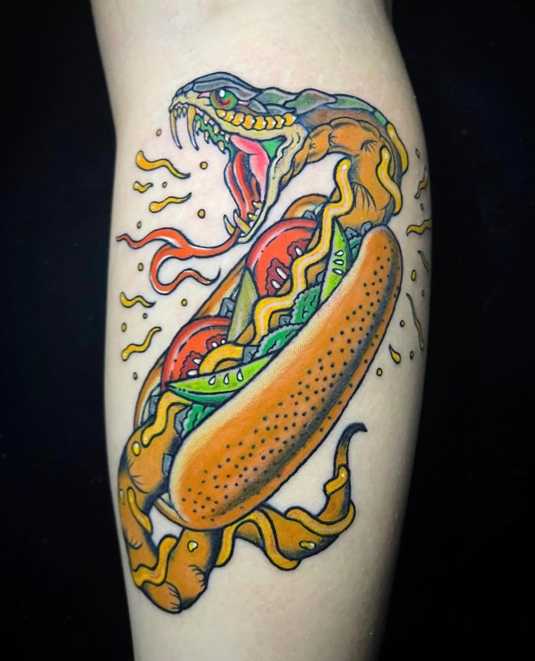 Vibrant snake entwined with a hotdog tattoo Tattoo Design