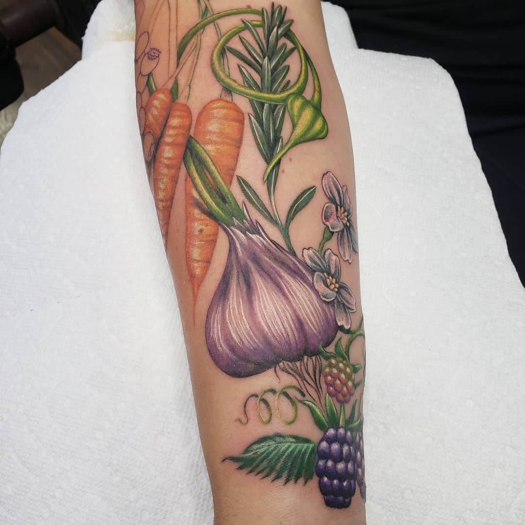 Vibrant vegetable-themed culinary body art Tattoo Design