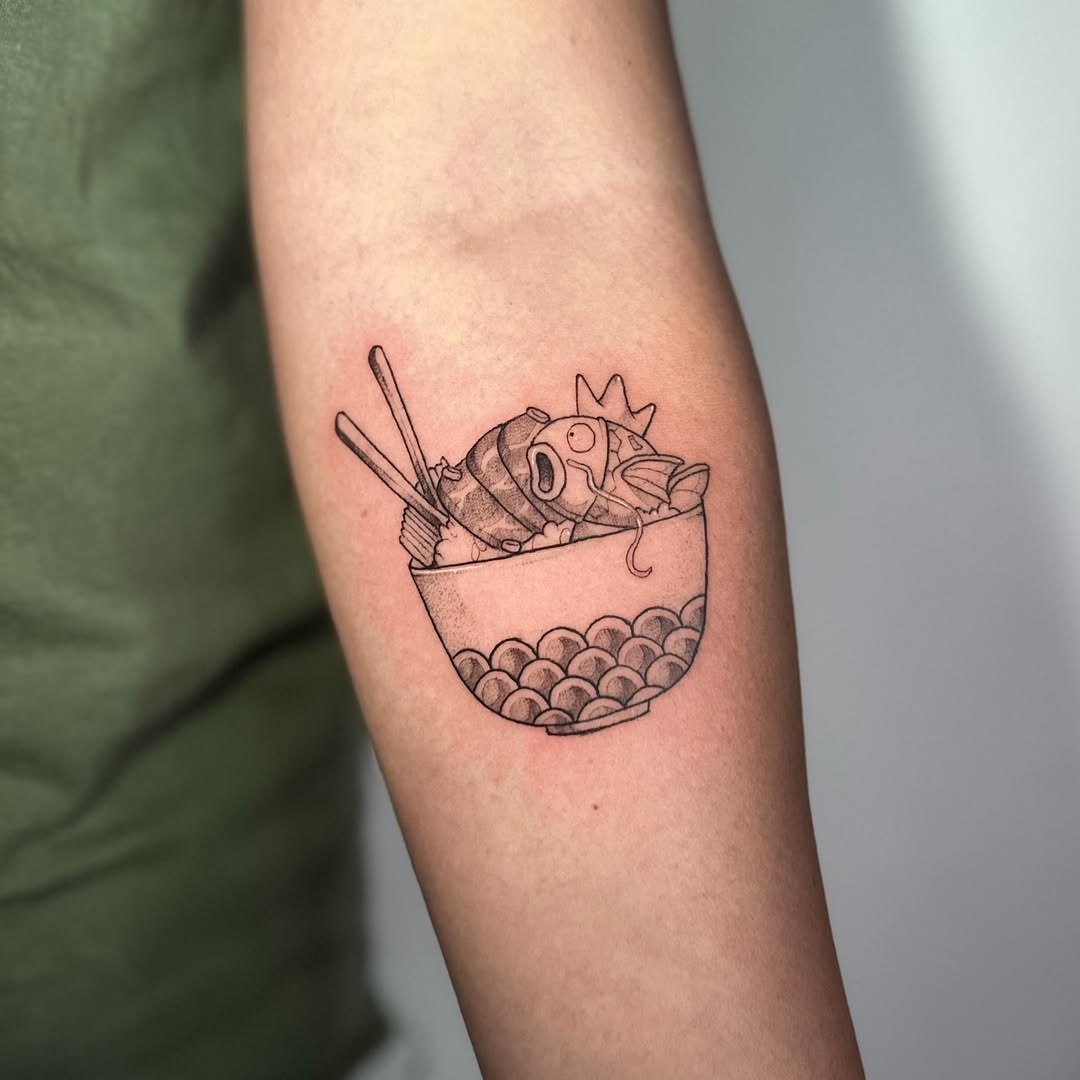 Whimsical bowl tattoo with fish and chopsticks Tattoo Design