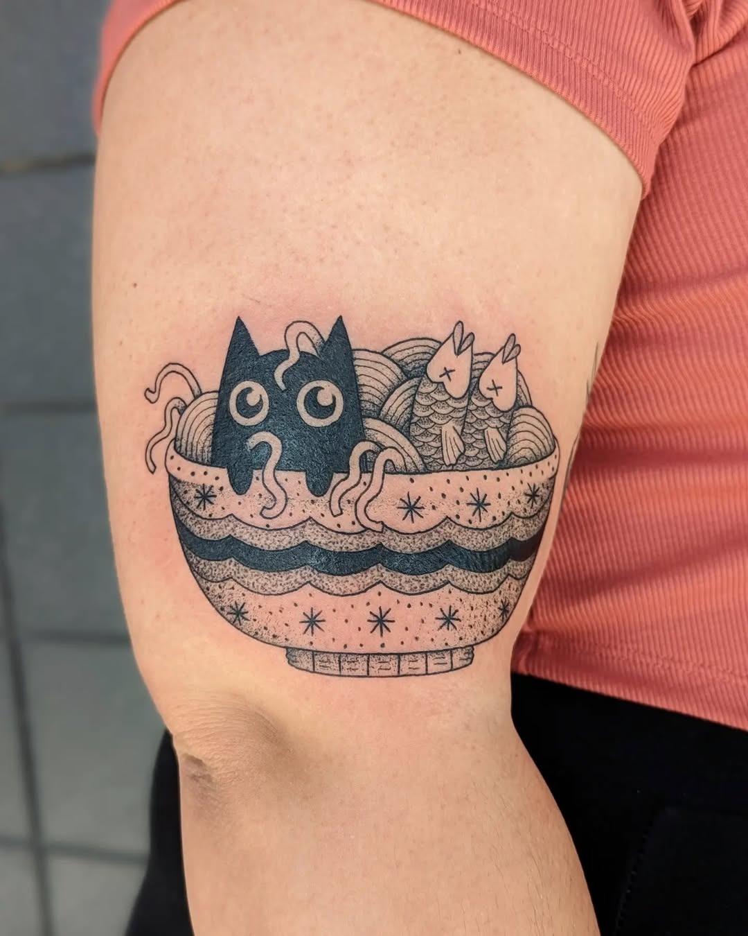 Whimsical food-themed tattoo featuring a cat Tattoo Design