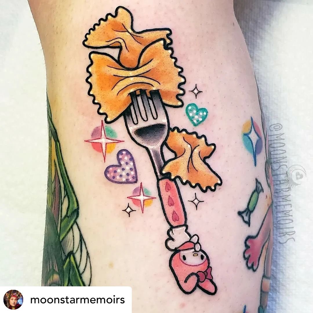 Whimsical fork with pasta-themed body art Tattoo Design