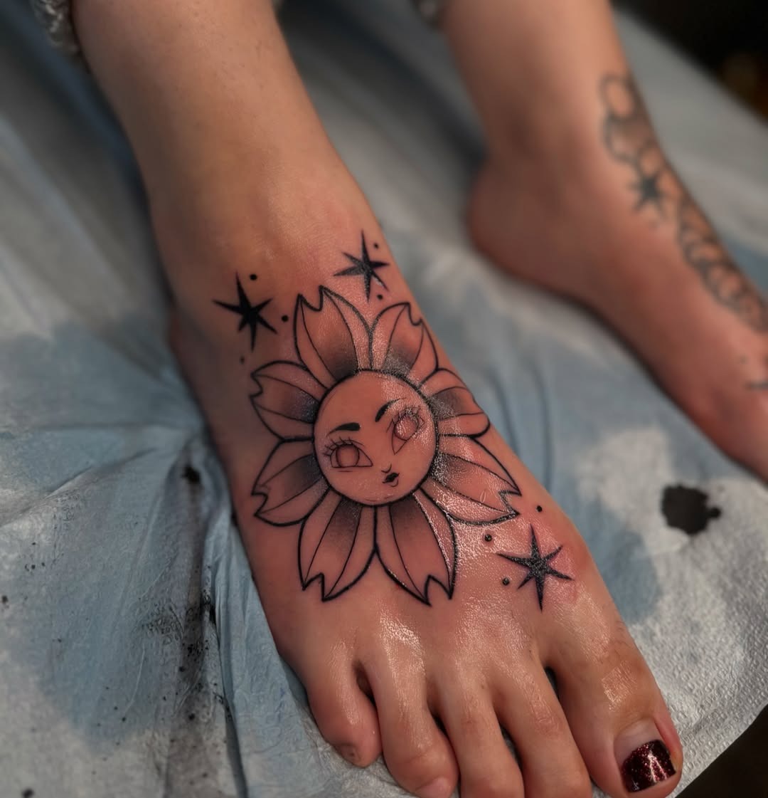 Charming sunflower and moon tattoo on foot Tattoo Design