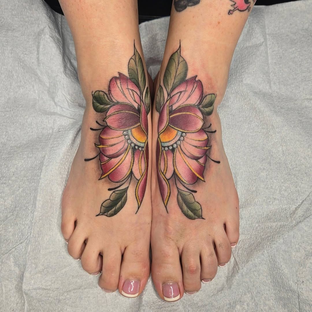Vibrant Floral Butterfly Foot Tattoo Design Tattoo Design