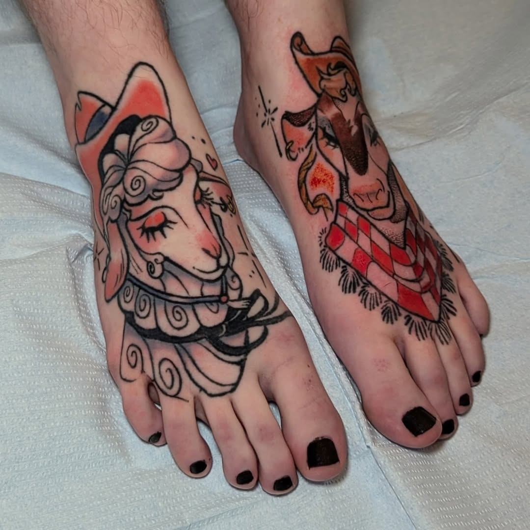 Whimsical foot tattoos featuring a sheep and cowgirl Tattoo Design