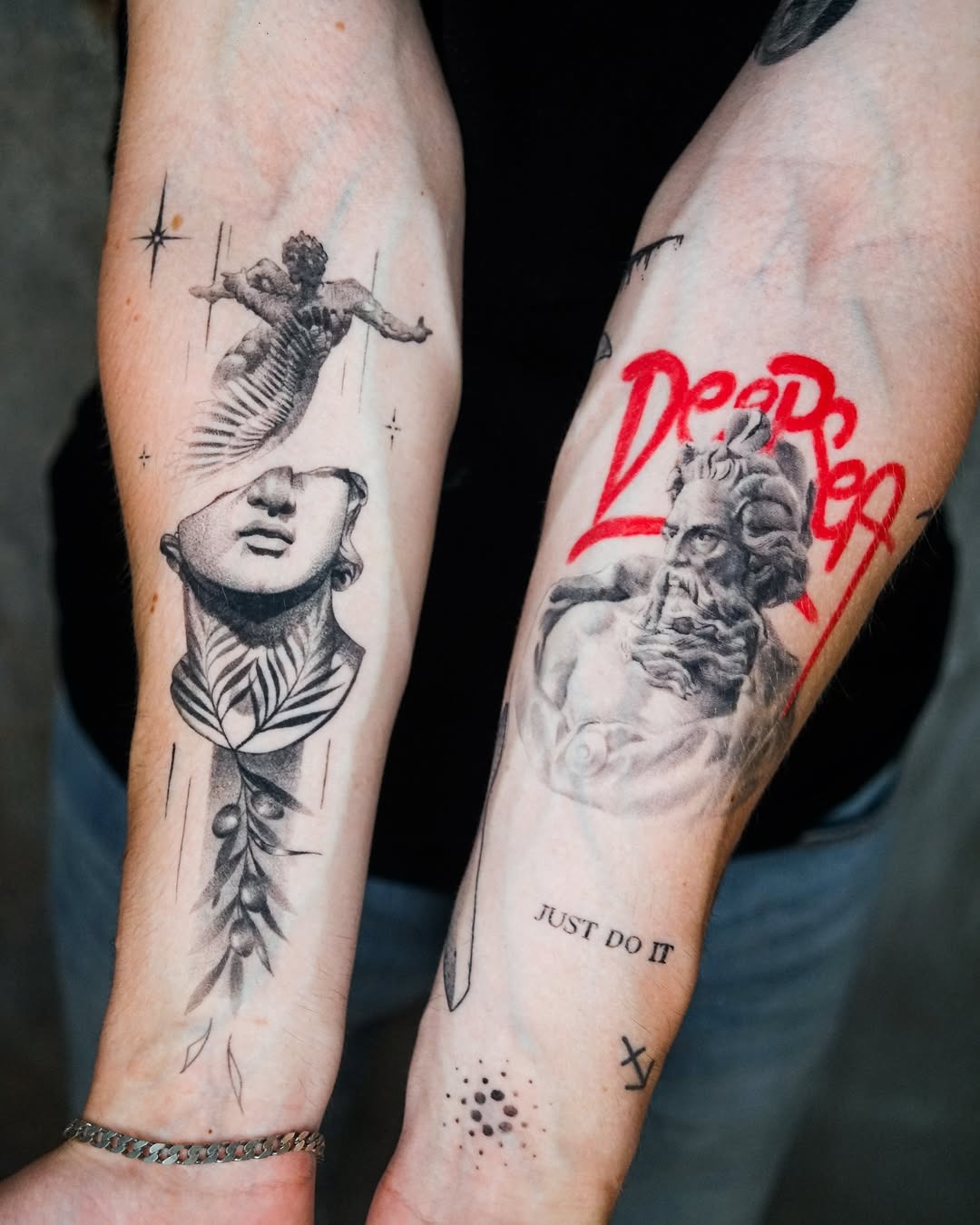 These forearm tattoos blend classical and modern elements seamlessly.