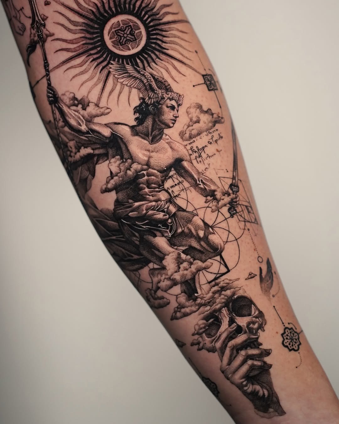 This forearm tattoo showcases a detailed mythical figure wielding swords amidst clouds and a radiant sun.