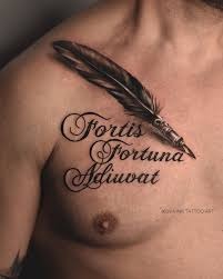 Feather and Script Chest Design Tattoo Design