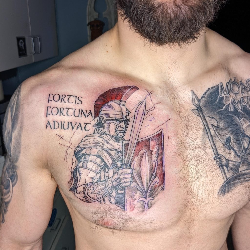 Roman Warrior Chest Piece Tattoo Design