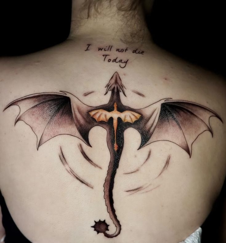 Back Dragon with I Will Not Die Today Quote Tattoo Design