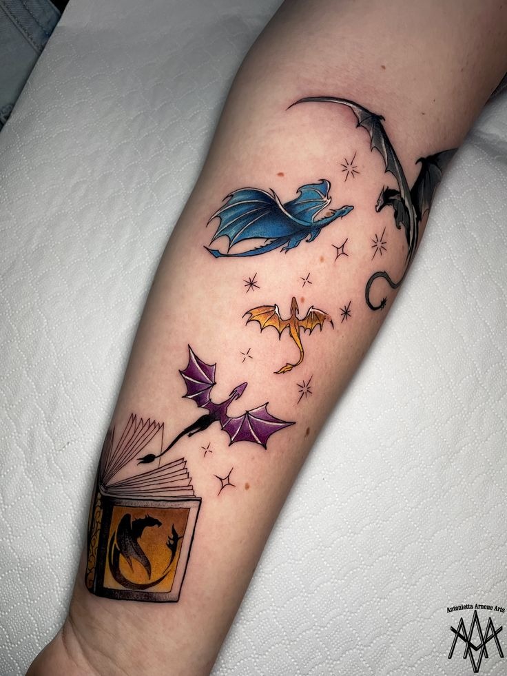 Colorful Dragon Flight Sleeve Accent Tattoo Design