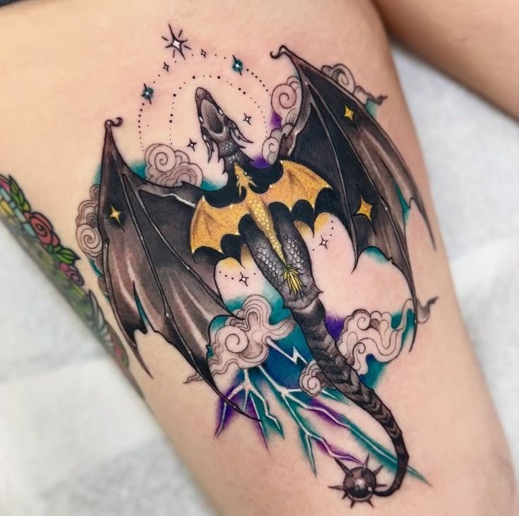 Full-Color Dragon with Clouds and Lightning Tattoo Design