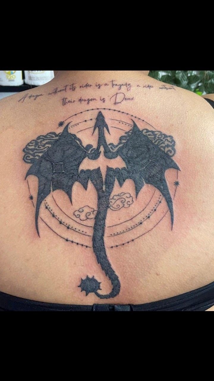 Large Back Dragon with Quote and Celestial Lines Tattoo Design