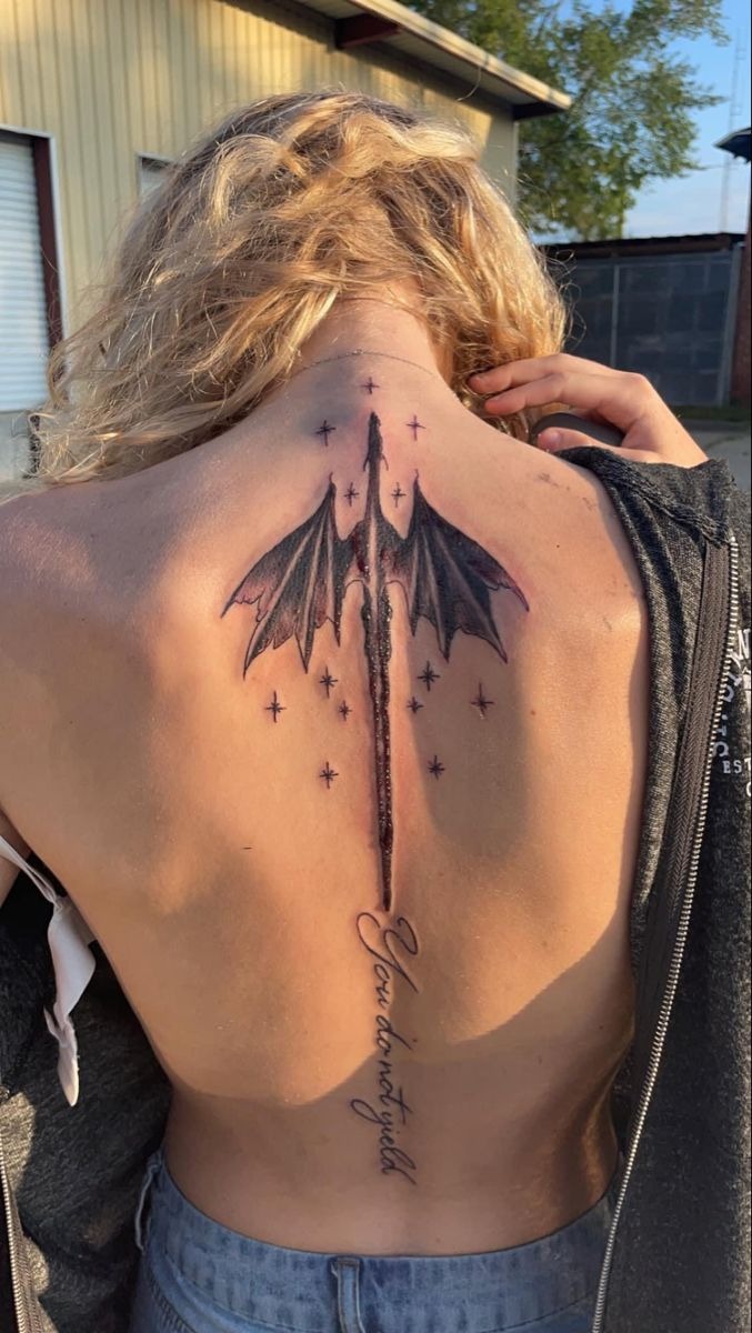 Vertical Spine Dragon with Quote Detail Tattoo Design
