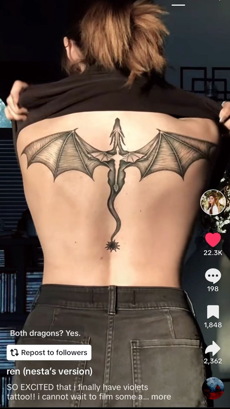 Wide-Winged Back Dragon with Clean Fantasy Lines Tattoo Design