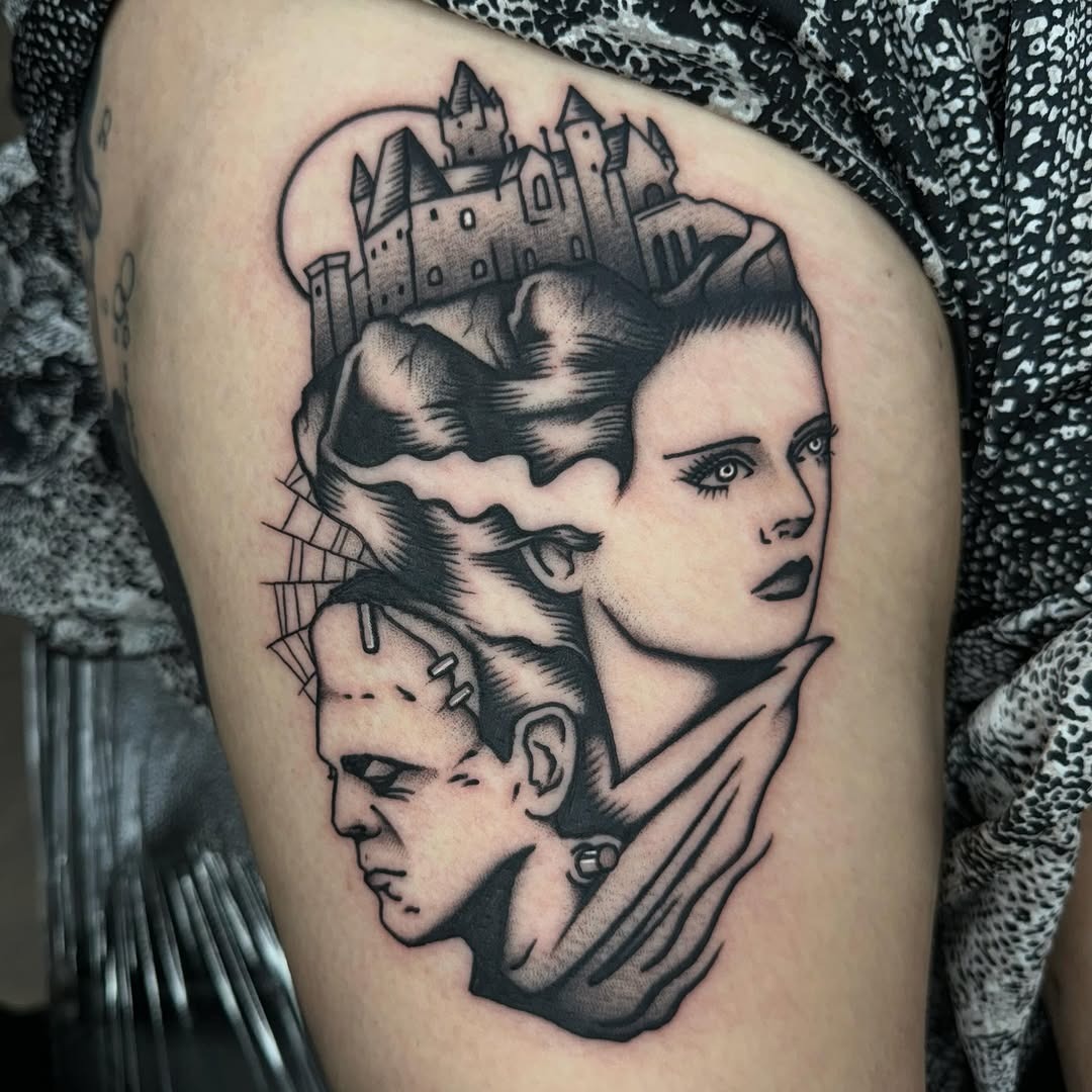 Classic Frankenstein tattoo with iconic characters. Tattoo Design