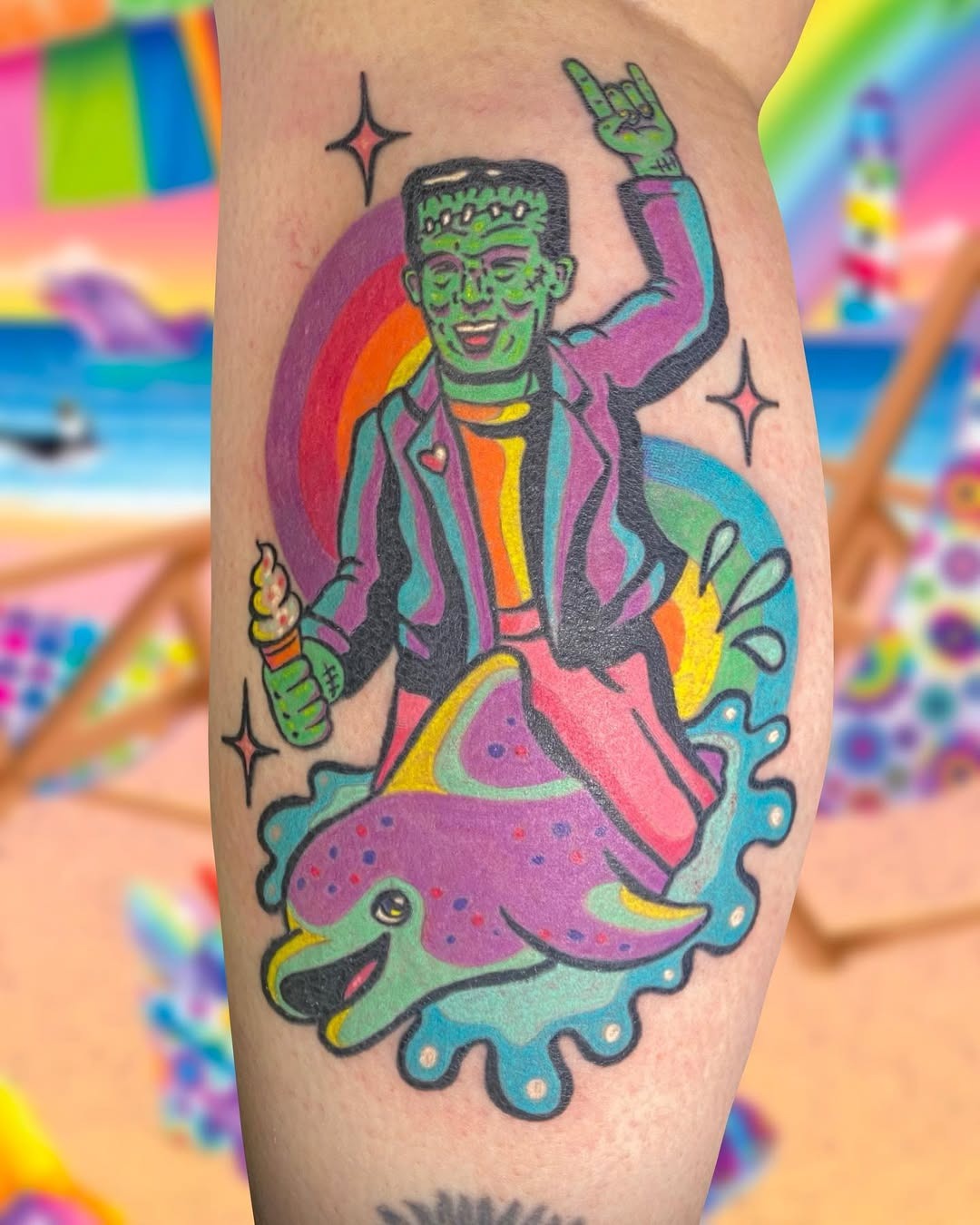 Colorful Frankenstein Tattoo with Whimsical Vibes Tattoo Design